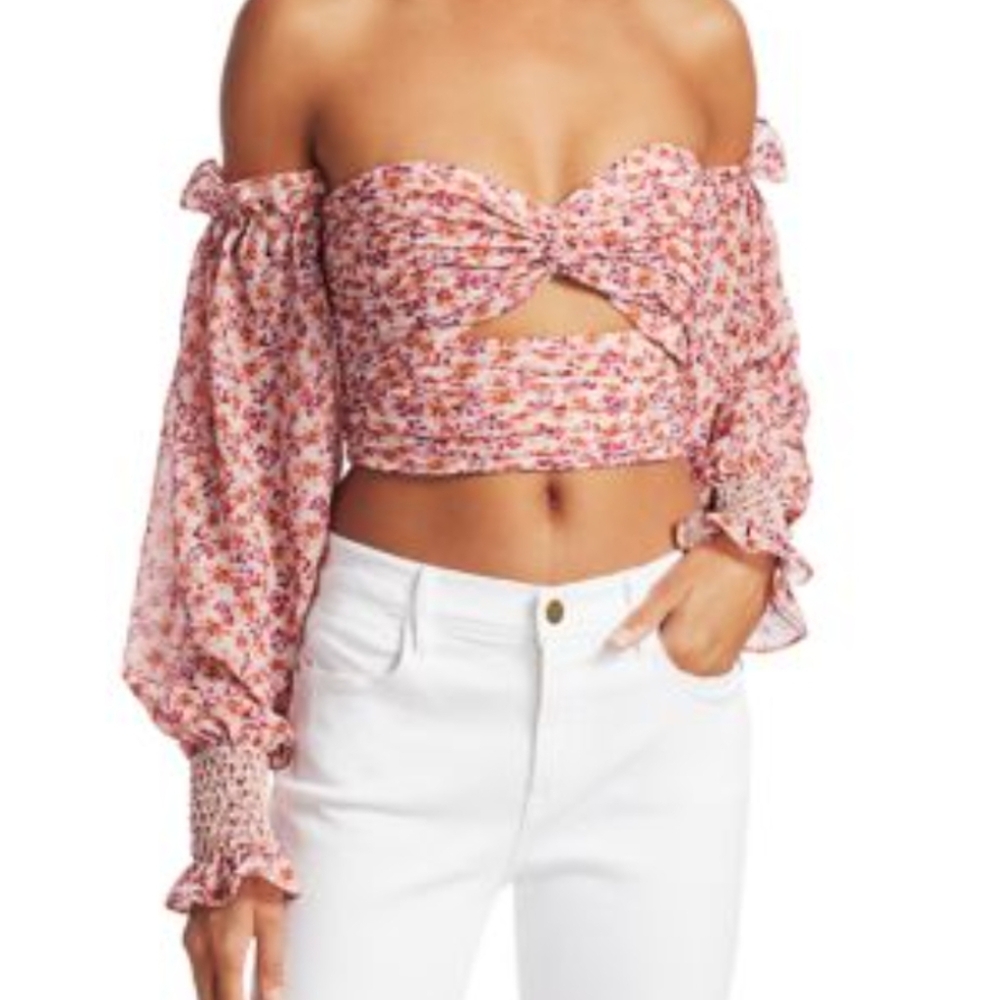 AMUR Hilda Orchid Ditsy Rosa Floral off The Shoulder Crop Top Size Large